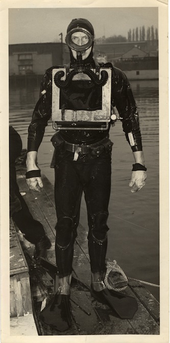 Constable Pat Molony wears a home-made oxygen, Dolphin front entry dry suit