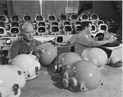 Bob Ratcliffe assembles 'Rathat' shells in the plant in Santa Barbara, CA C1964